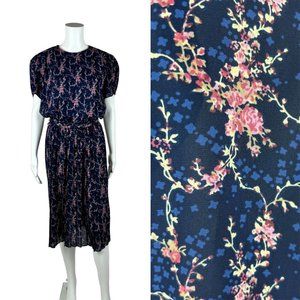 Vintage 80s Floral Dress Purple Blue Belted Short Sleeve Sheath Alexis Fashions